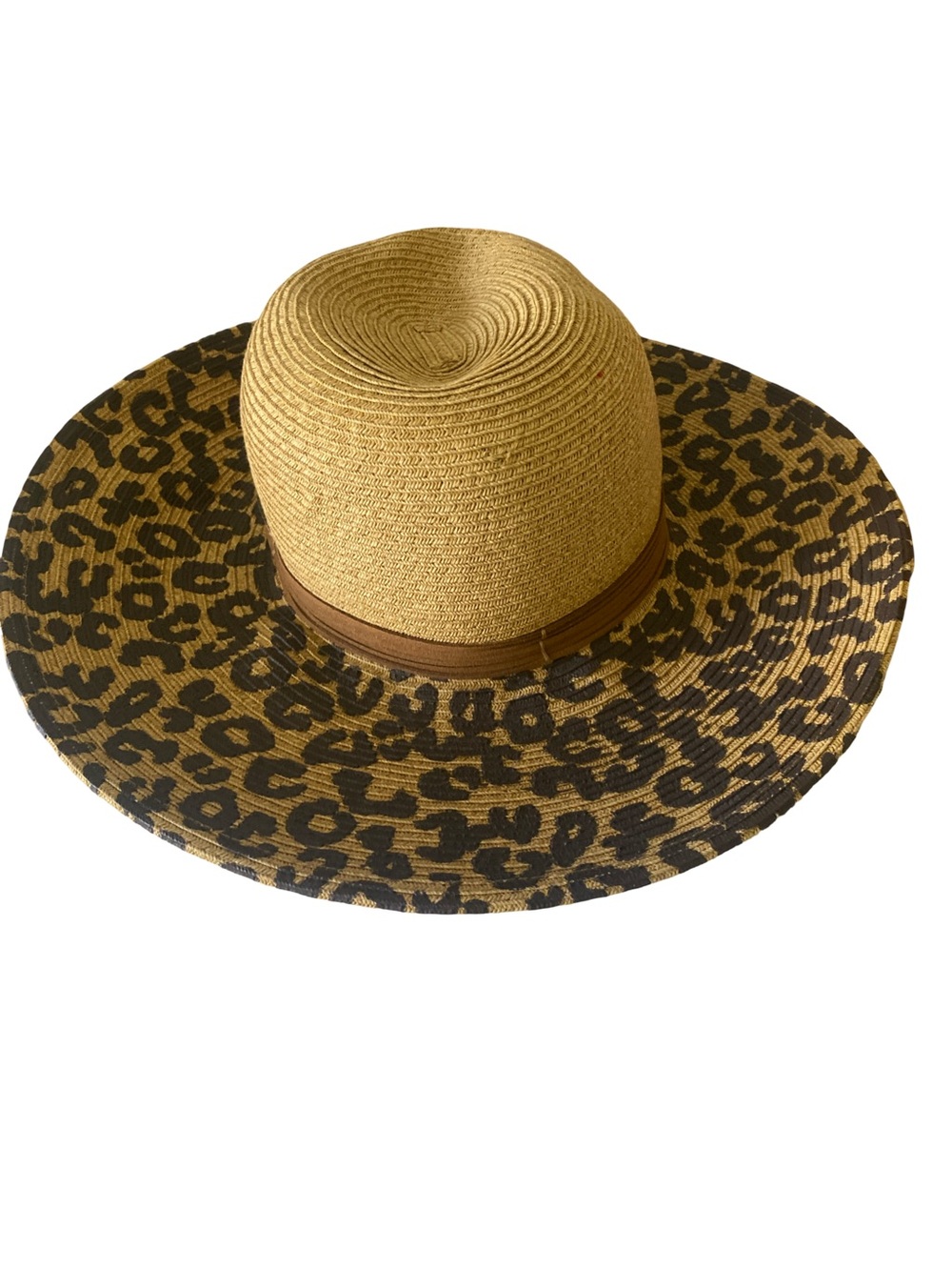 Leopard-Print Wide Brim Straw Sun Hat - Brown